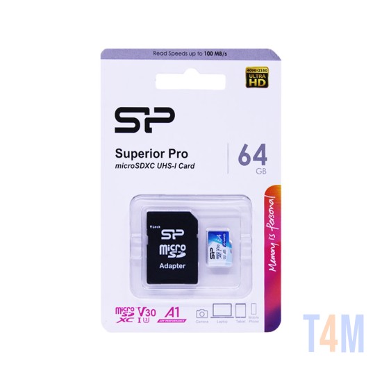 Cartão de Memória Micro SD SP Colorful 64GB SDXC UHS-I U3 V30 A1 Classe 10 com Adaptador